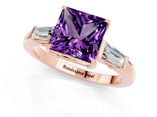 Rose gold Princess Cut Amethyst Three-Stone Ring with Tapered Baguette Side Stones and Prong Setting