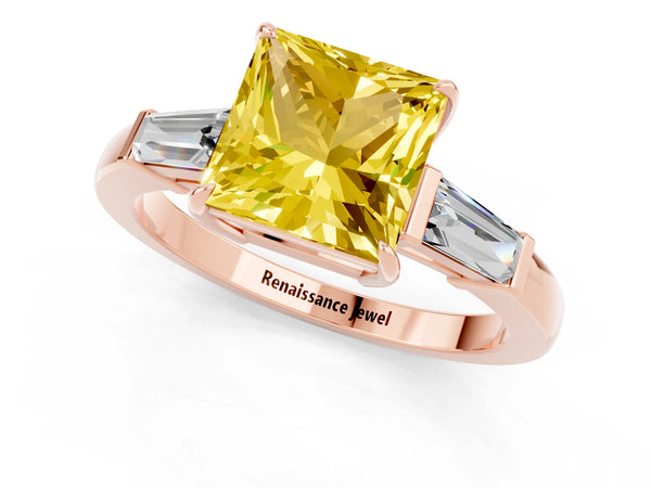 Rose gold Princess Cut Yellow Sapphire Three-Stone Ring with Tapered Baguette Side Stones and Prong Setting
