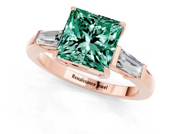 Rose gold Princess Cut Green Sapphire Three-Stone Ring with Tapered Baguette Side Stones and Prong Setting