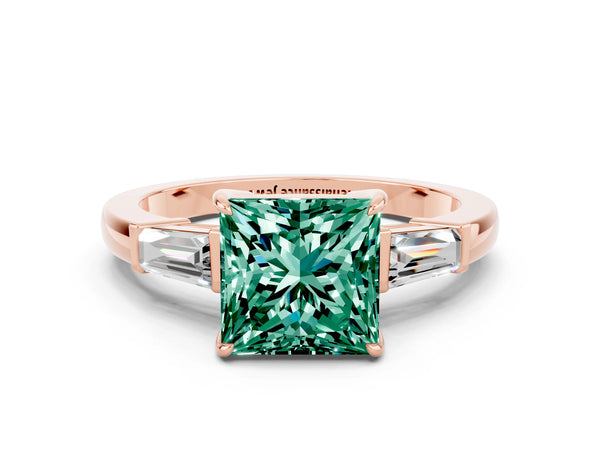 Rose gold Princess Cut Green Sapphire Three-Stone Ring with Tapered Baguette Side Stones and Prong Setting