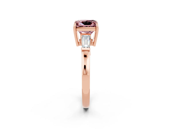 Rose gold Princess Cut Cut Diamond Ring with Tapered Baguette Side Stones in Four-Prong Setting