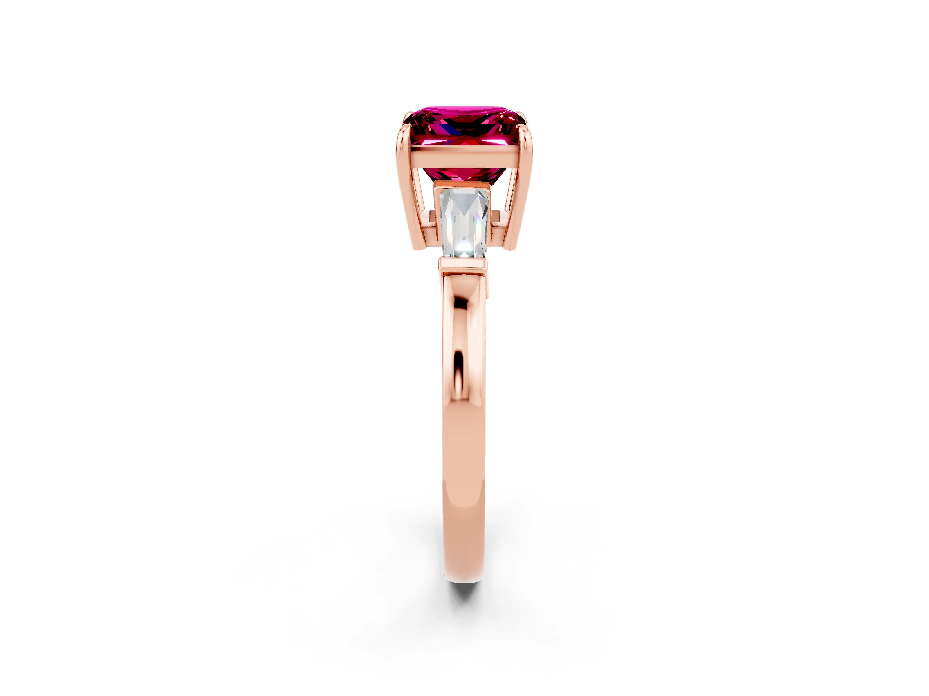 Rose gold Princess Cut Cut Diamond Ring with Tapered Baguette Side Stones in Four-Prong Setting_2