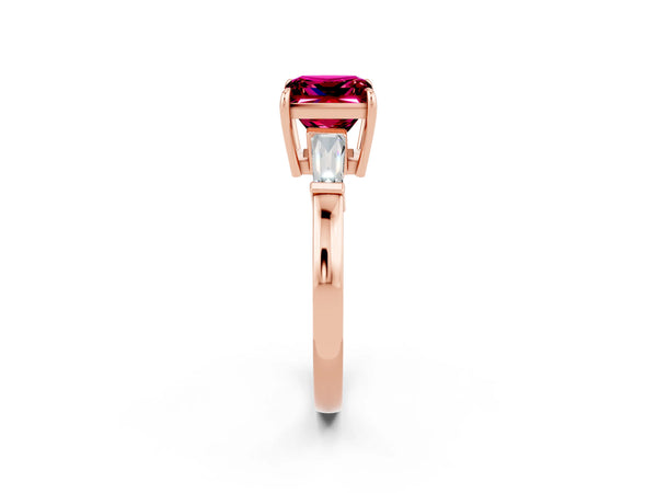 Rose gold Princess Cut Garnet Three-Stone Ring with Tapered Baguette Side Stones and Prong Setting