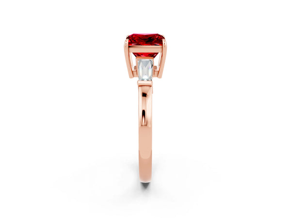Rose gold Princess Cut Cut Diamond Ring with Tapered Baguette Side Stones in Four-Prong Setting