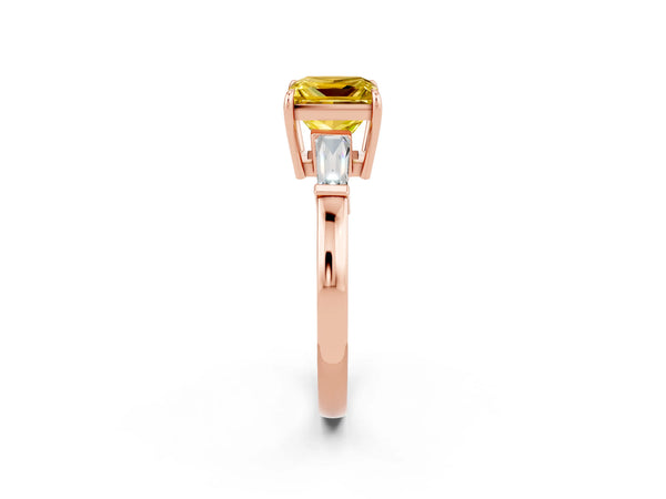Rose gold Princess Cut Yellow Sapphire Three-Stone Ring with Tapered Baguette Side Stones and Prong Setting