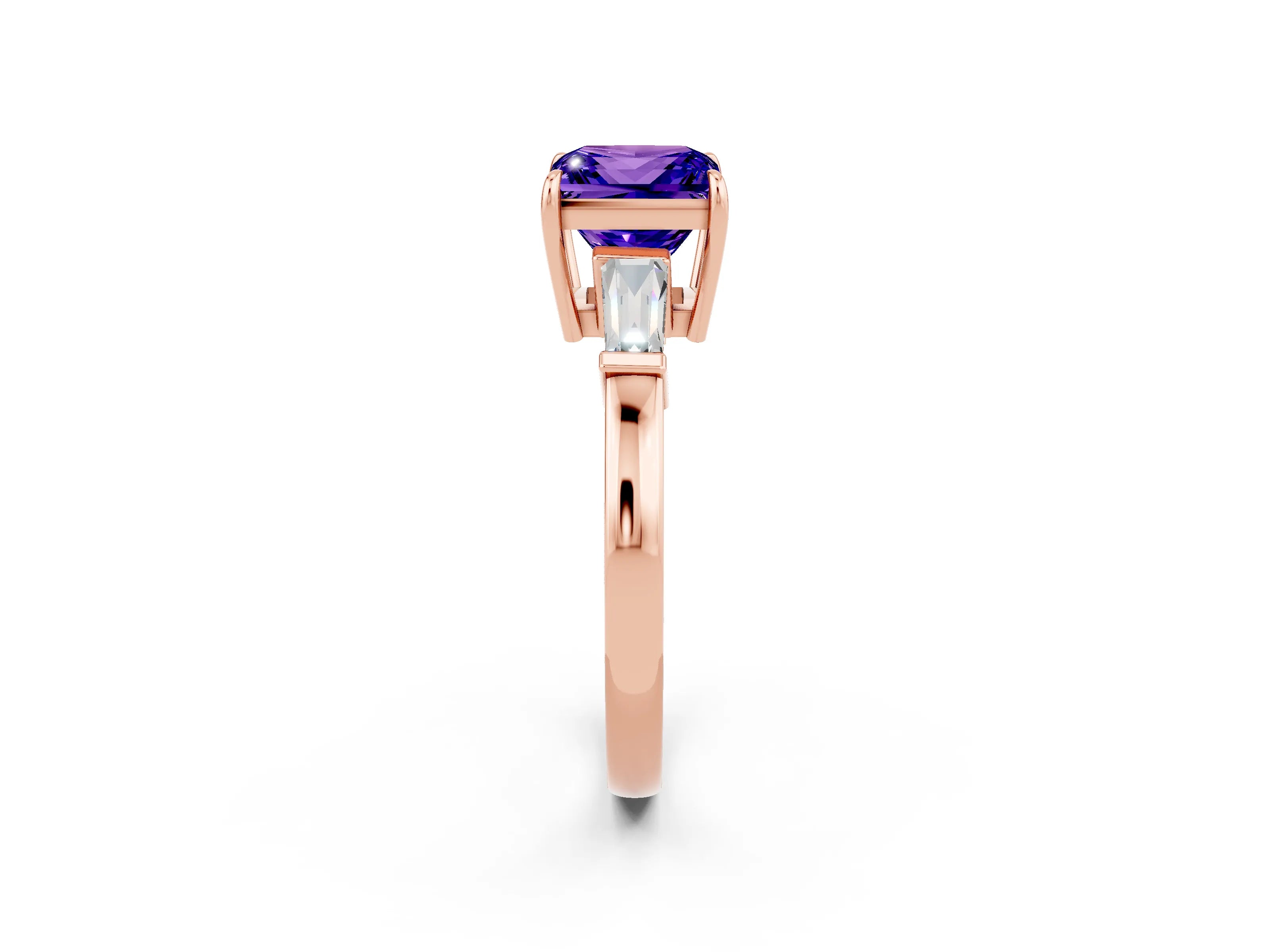 Rose gold Princess Cut Cut Diamond Ring with Tapered Baguette Side Stones in Four-Prong Setting_2