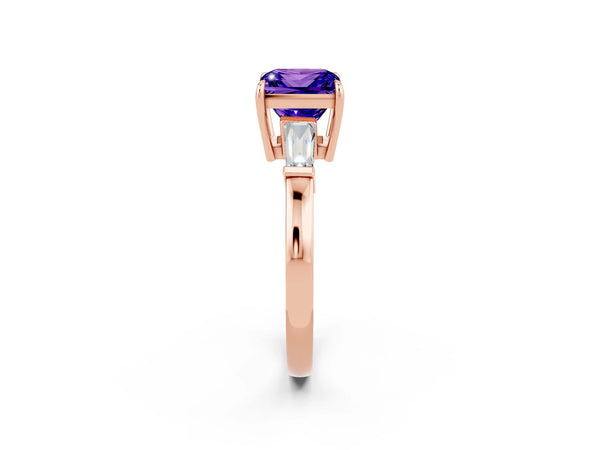 Rose gold Princess Cut Tanzanite Three-Stone Ring with Tapered Baguette Side Stones and Prong Setting