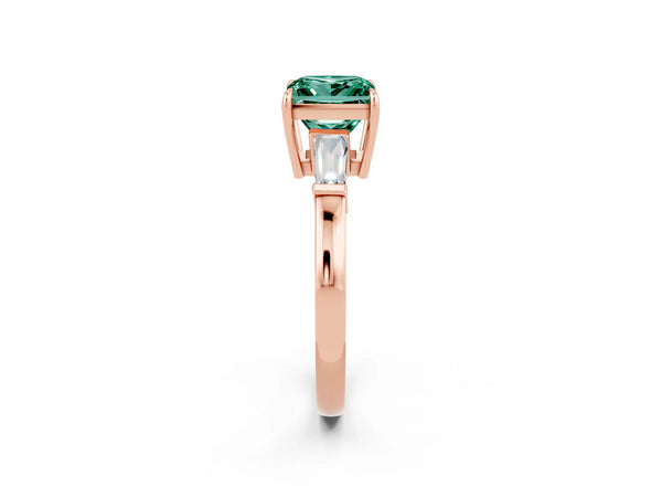 Rose gold Princess Cut Green Sapphire Three-Stone Ring with Tapered Baguette Side Stones and Prong Setting