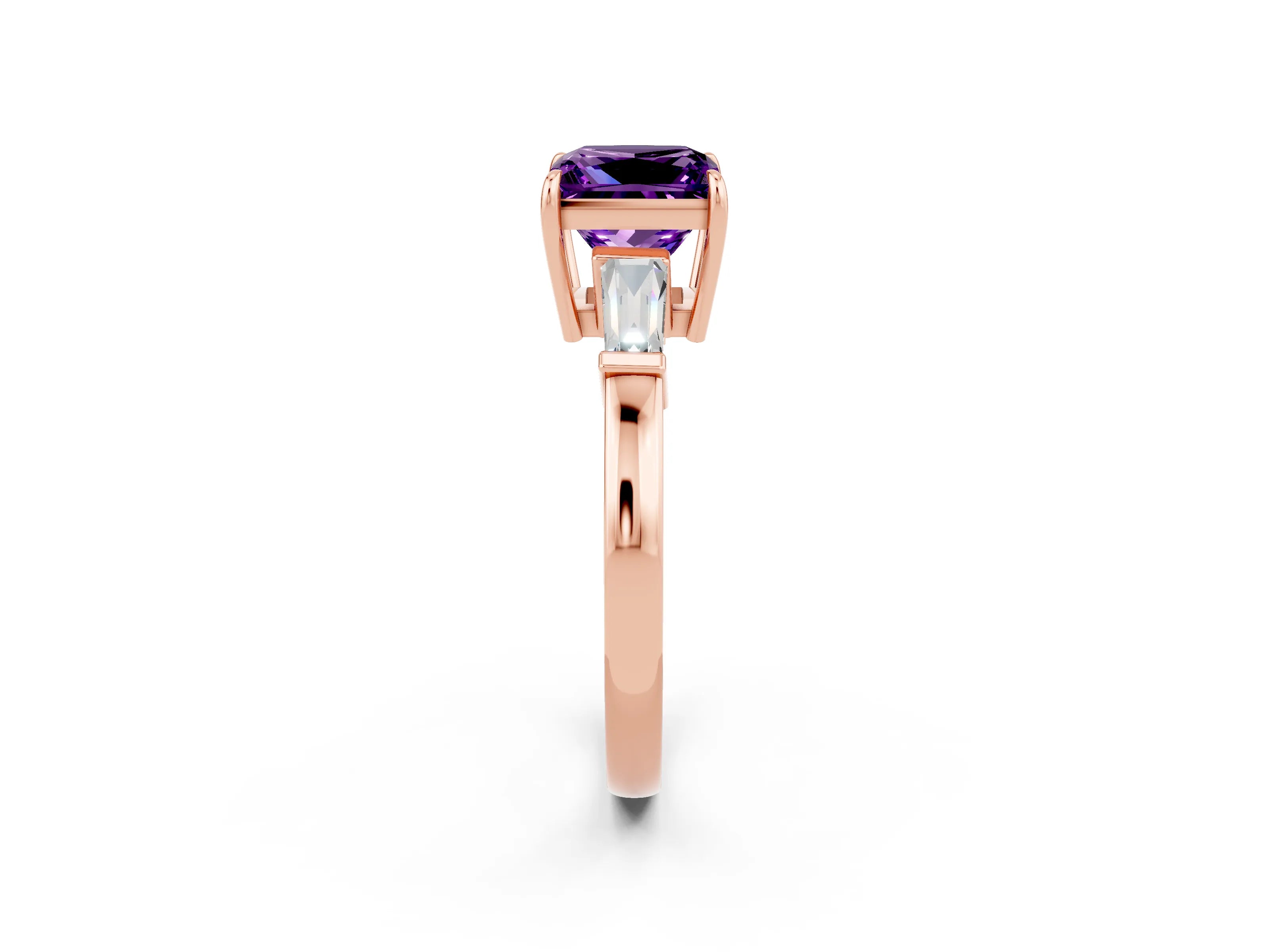 Rose gold Princess Cut Cut Diamond Ring with Tapered Baguette Side Stones in Four-Prong Setting_2