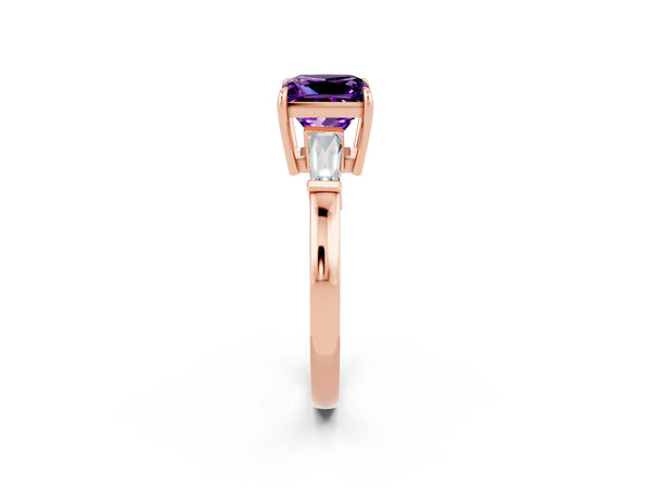 Rose gold Princess Cut Amethyst Three-Stone Ring with Tapered Baguette Side Stones and Prong Setting