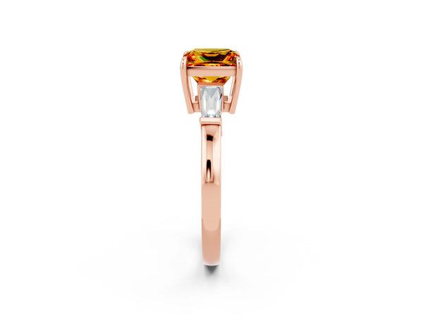Rose gold Princess Cut Citrine Three-Stone Ring with Tapered Baguette Side Stones and Prong Setting