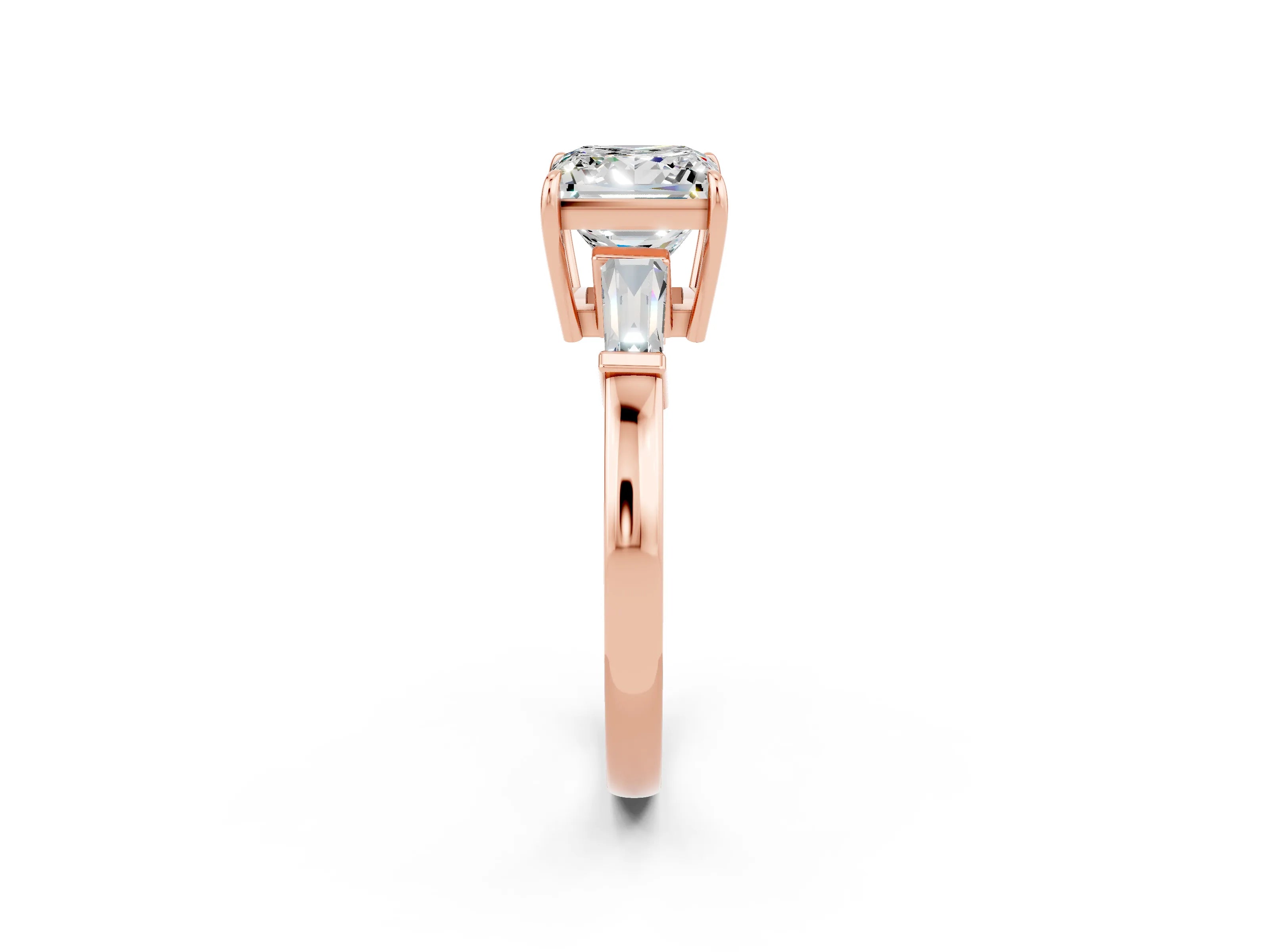 Rose gold Princess Cut Cut Diamond Ring with Tapered Baguette Side Stones in Four-Prong Setting_2