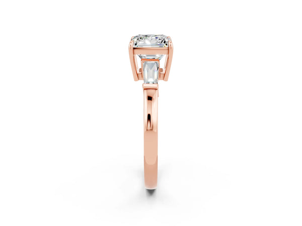 Rose gold Princess Cut Moissanite Three-Stone Ring with Tapered Baguette Side Stones and Prong Setting