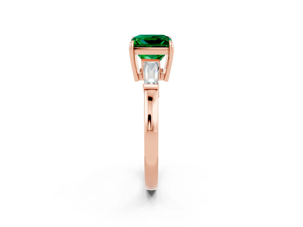 Rose gold Princess Cut Emerald Three-Stone Ring with Tapered Baguette Side Stones and Prong Setting