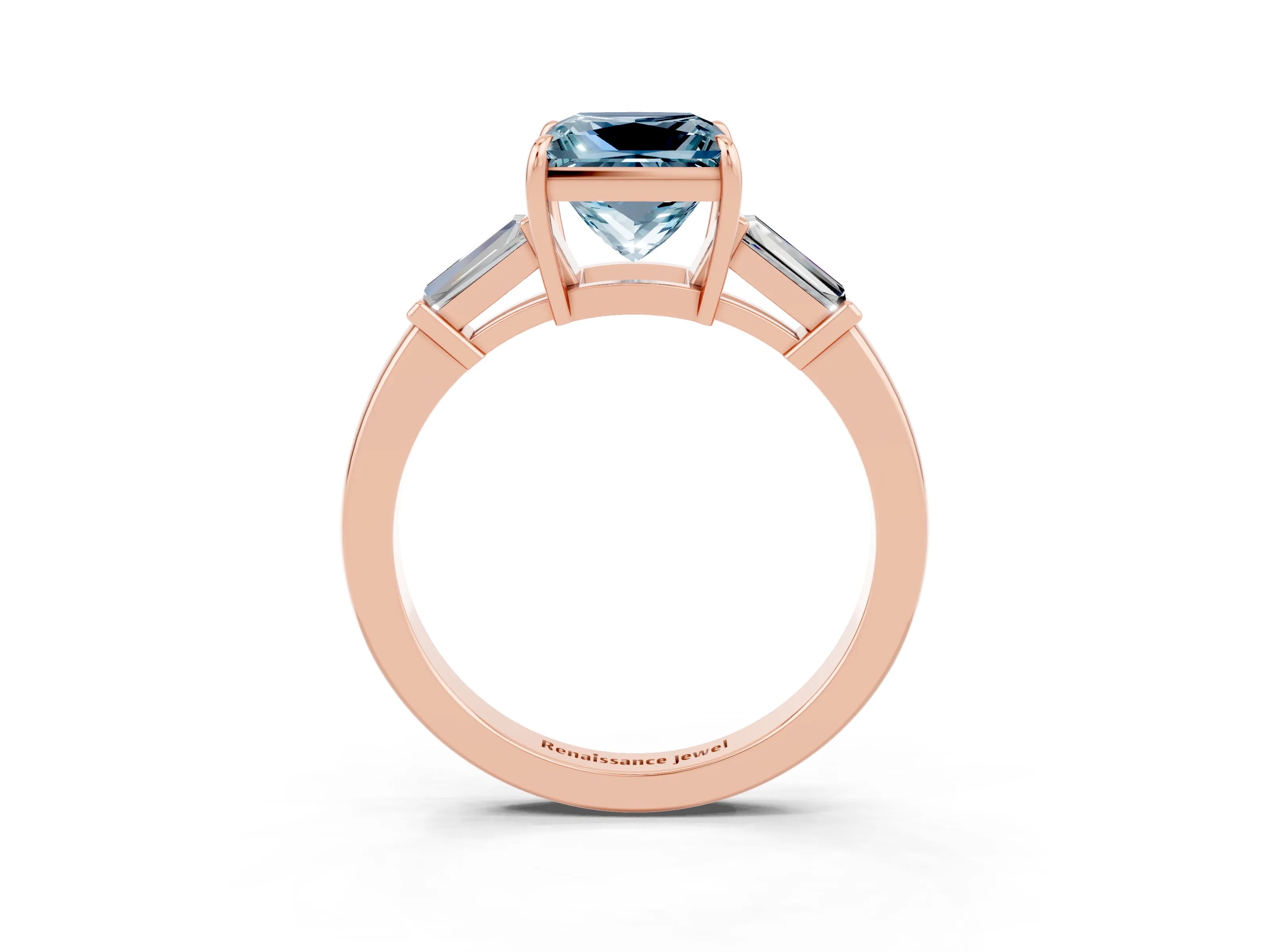 Rose gold Princess Cut Cut Diamond Ring with Tapered Baguette Side Stones in Four-Prong Setting_3