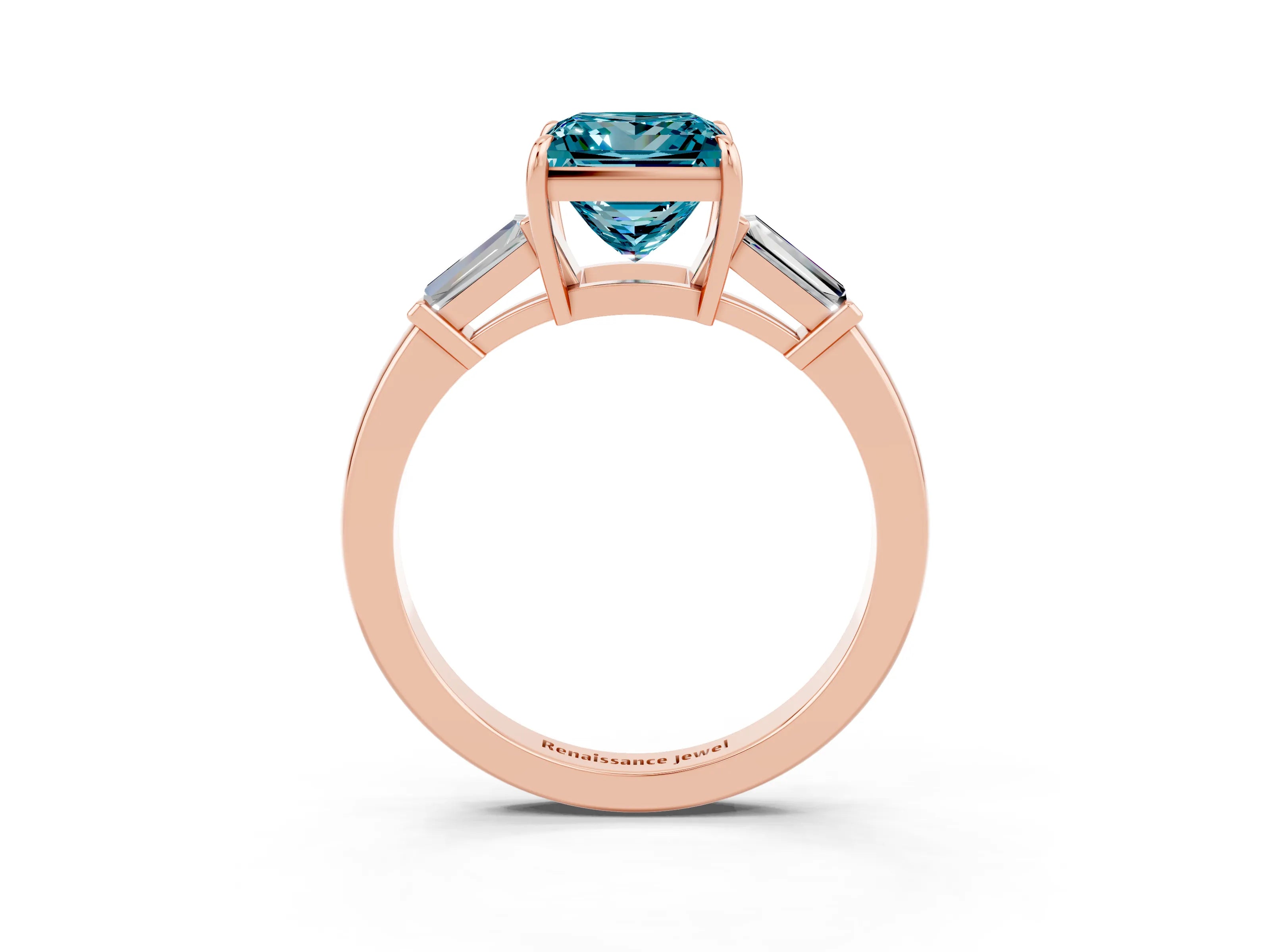 Rose gold Princess Cut Cut Diamond Ring with Tapered Baguette Side Stones in Four-Prong Setting_3