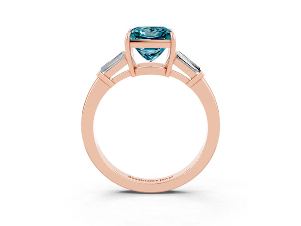 Rose gold Princess Cut Cut Diamond Ring with Tapered Baguette Side Stones in Four-Prong Setting