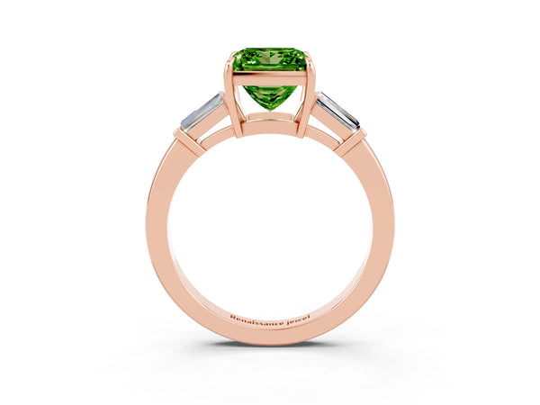 Rose gold Princess Cut Cut Diamond Ring with Tapered Baguette Side Stones in Four-Prong Setting
