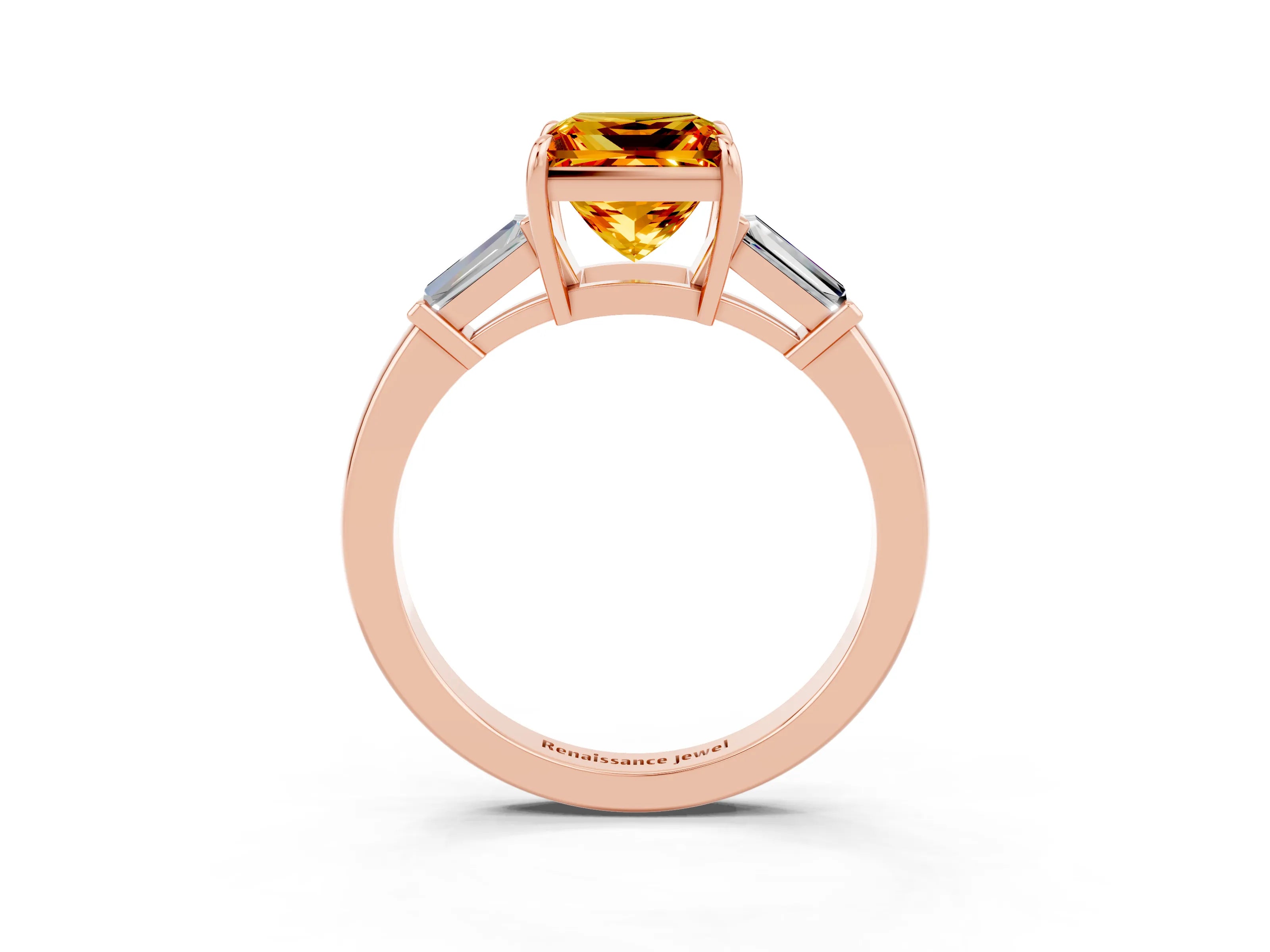 Rose gold Princess Cut Cut Diamond Ring with Tapered Baguette Side Stones in Four-Prong Setting_3