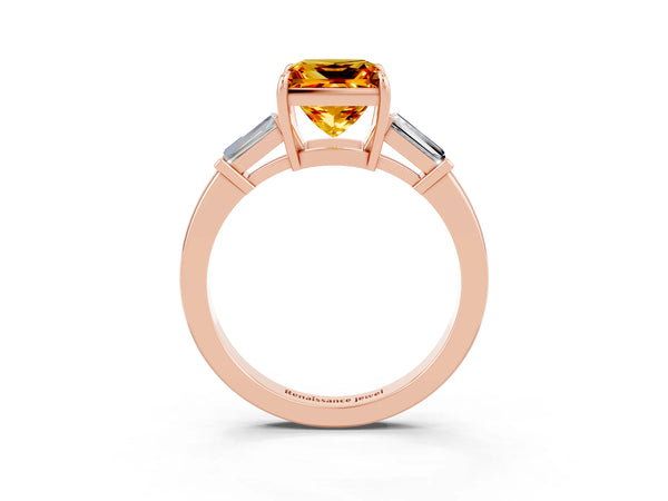 Rose gold Princess Cut Citrine Three-Stone Ring with Tapered Baguette Side Stones and Prong Setting