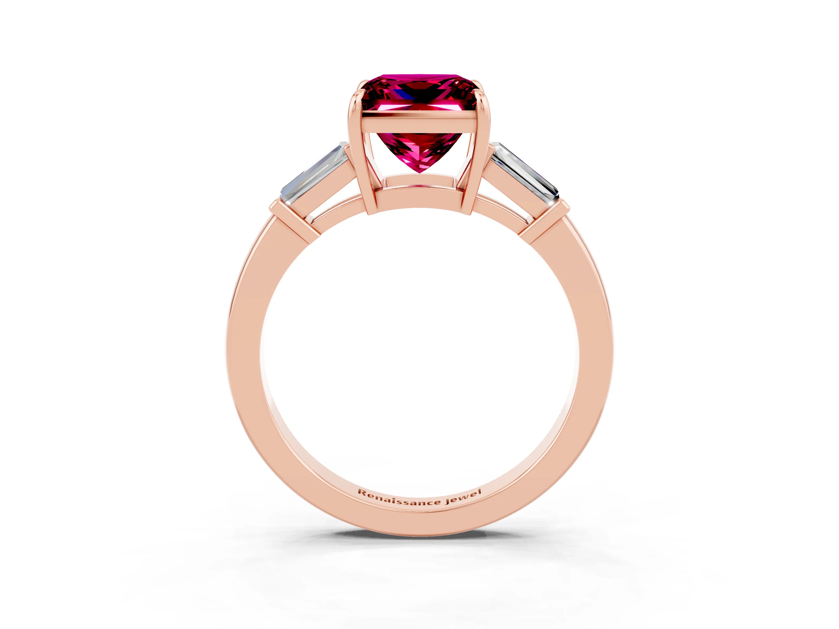 Rose gold Princess Cut Cut Diamond Ring with Tapered Baguette Side Stones in Four-Prong Setting_3