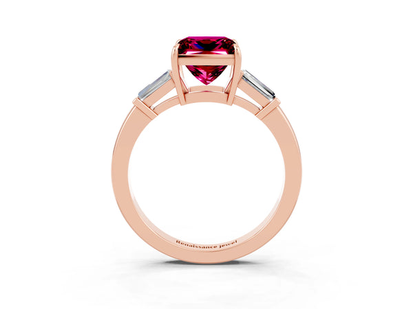 Rose gold Princess Cut Garnet Three-Stone Ring with Tapered Baguette Side Stones and Prong Setting