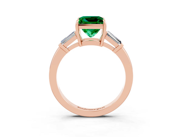 Rose gold Princess Cut Emerald Three-Stone Ring with Tapered Baguette Side Stones and Prong Setting