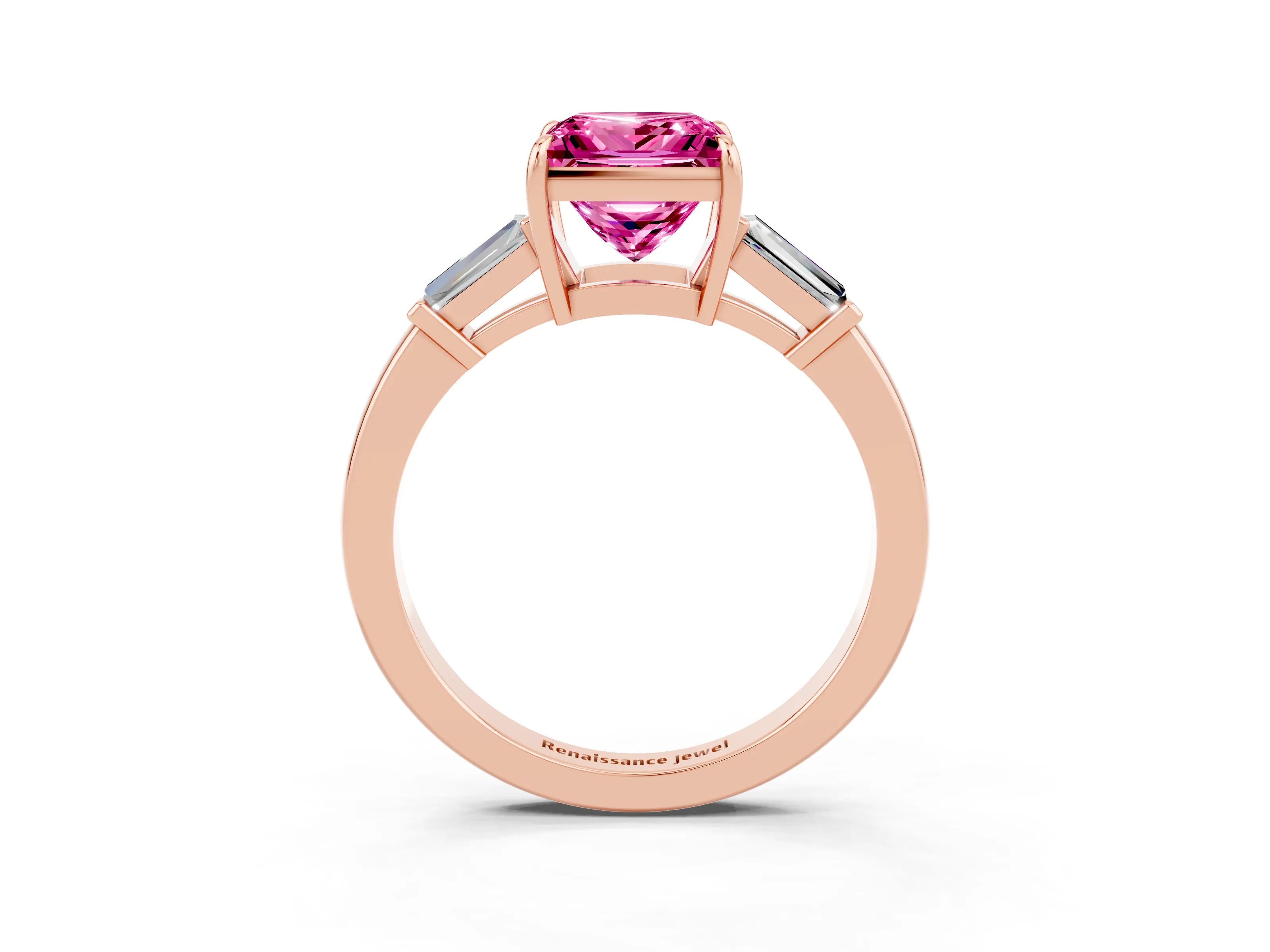 Rose gold Princess Cut Cut Diamond Ring with Tapered Baguette Side Stones in Four-Prong Setting_3
