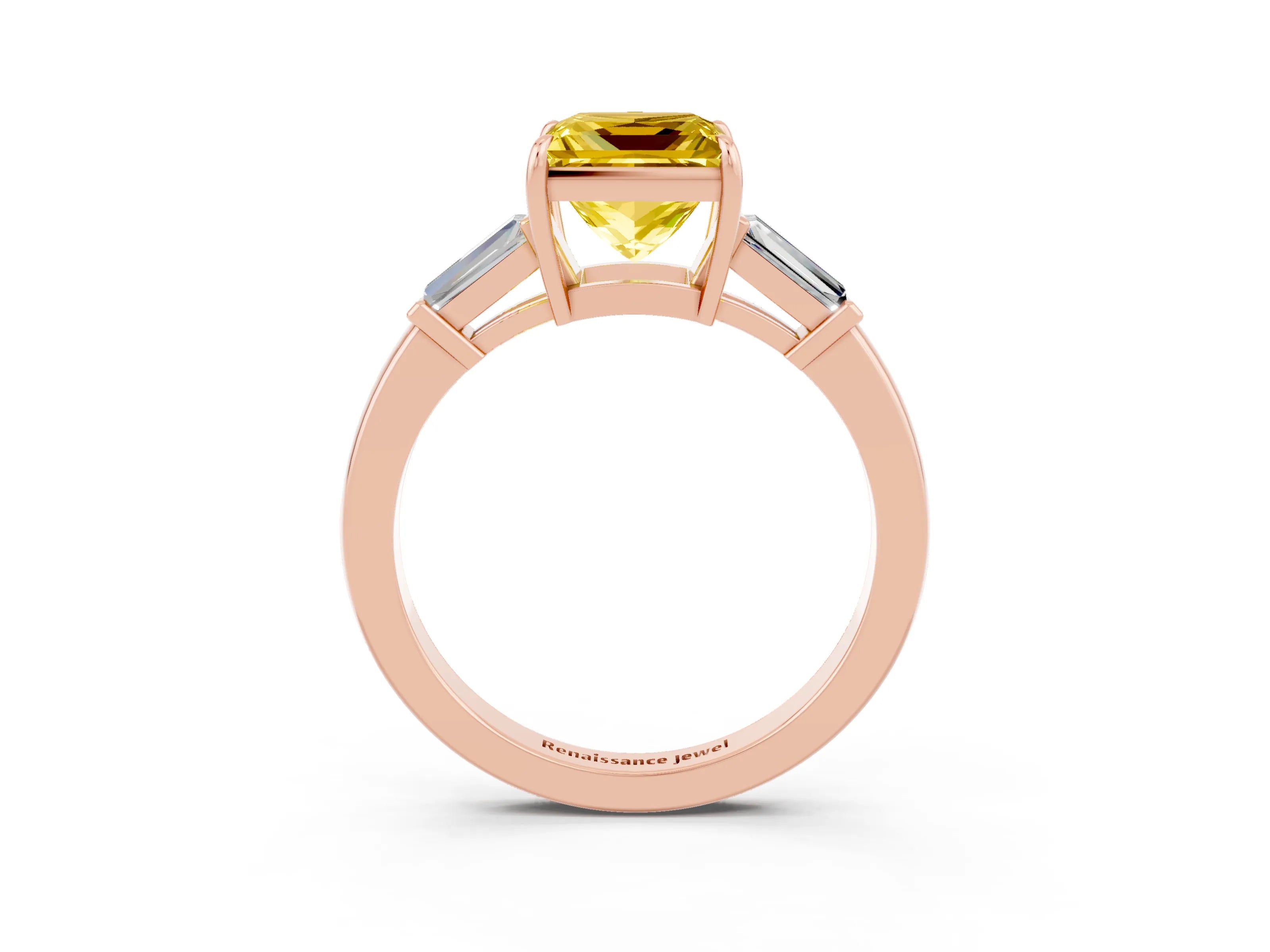 Rose gold Princess Cut Cut Diamond Ring with Tapered Baguette Side Stones in Four-Prong Setting_3