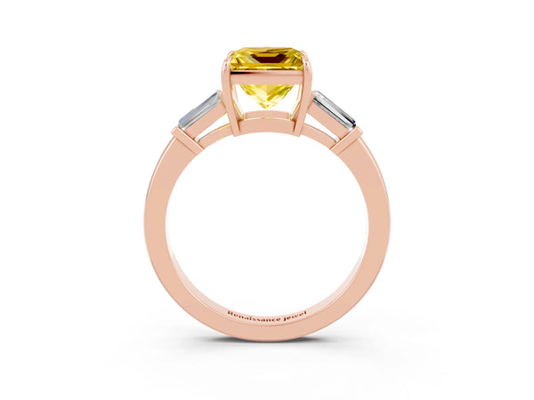 Rose gold Princess Cut Yellow Sapphire Three-Stone Ring with Tapered Baguette Side Stones and Prong Setting