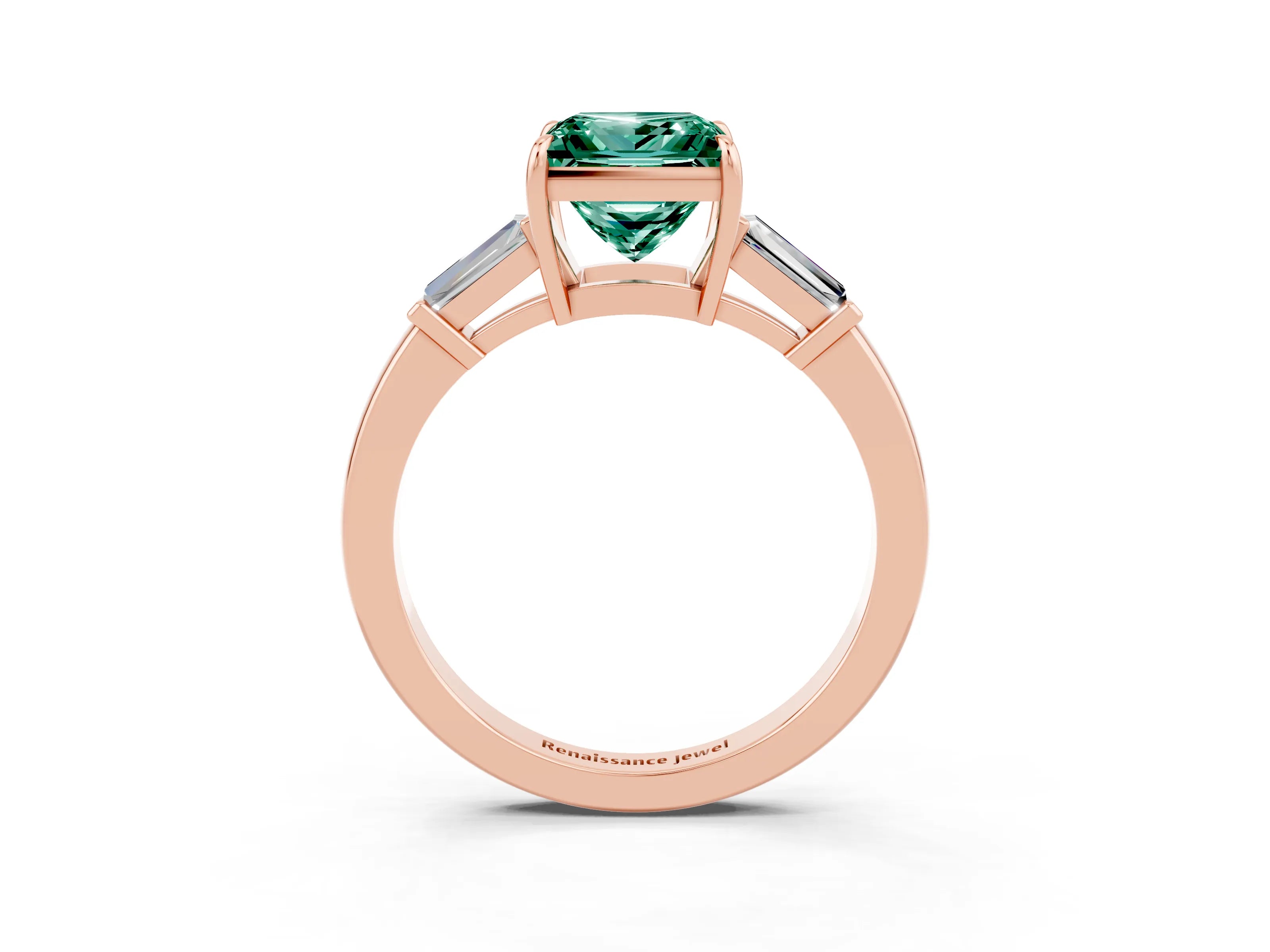 Rose gold Princess Cut Cut Diamond Ring with Tapered Baguette Side Stones in Four-Prong Setting_3