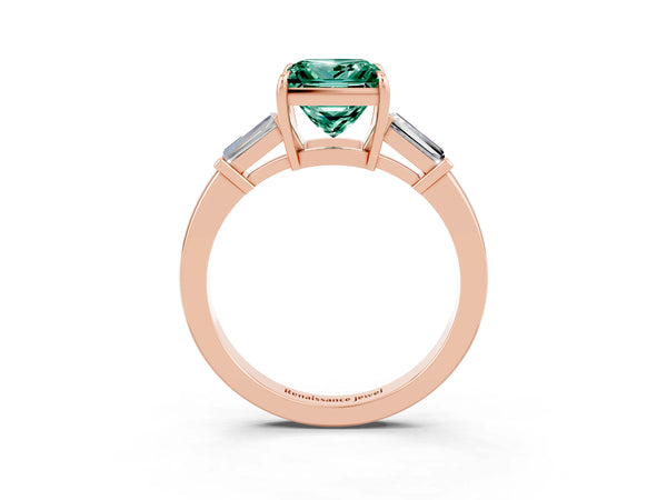 Rose gold Princess Cut Green Sapphire Three-Stone Ring with Tapered Baguette Side Stones and Prong Setting