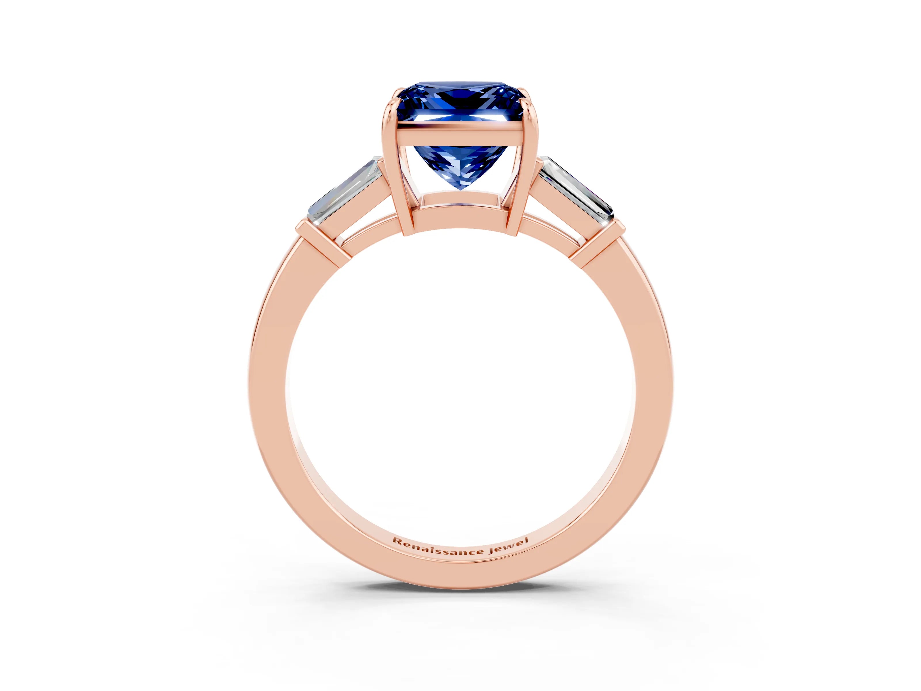 Rose gold Princess Cut Cut Diamond Ring with Tapered Baguette Side Stones in Four-Prong Setting_3