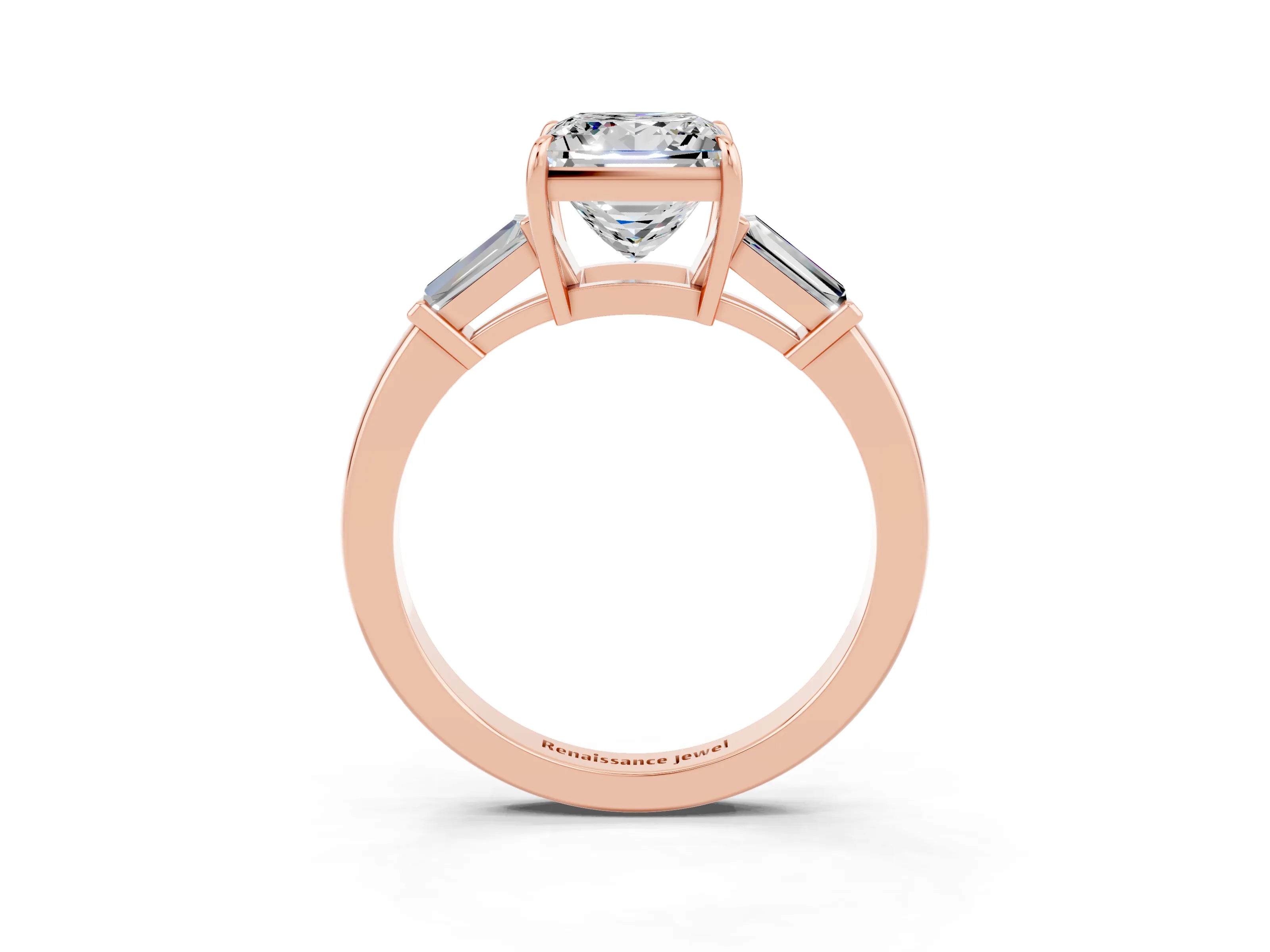 Rose gold Princess Cut Cut Diamond Ring with Tapered Baguette Side Stones in Four-Prong Setting_3
