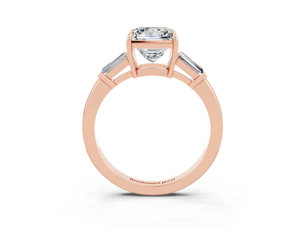 Rose gold Princess Cut Moissanite Three-Stone Ring with Tapered Baguette Side Stones and Prong Setting