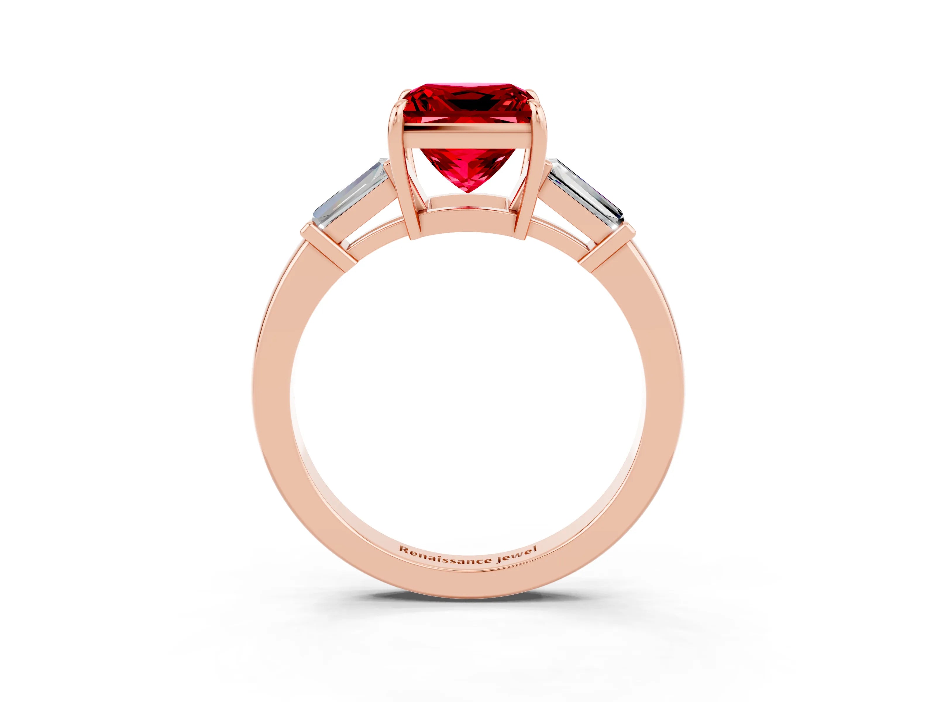 Rose gold Princess Cut Cut Diamond Ring with Tapered Baguette Side Stones in Four-Prong Setting_3
