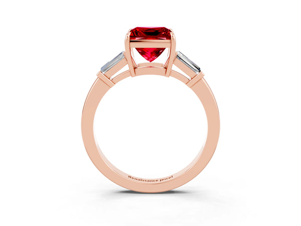 Rose gold Princess Cut Cut Diamond Ring with Tapered Baguette Side Stones in Four-Prong Setting