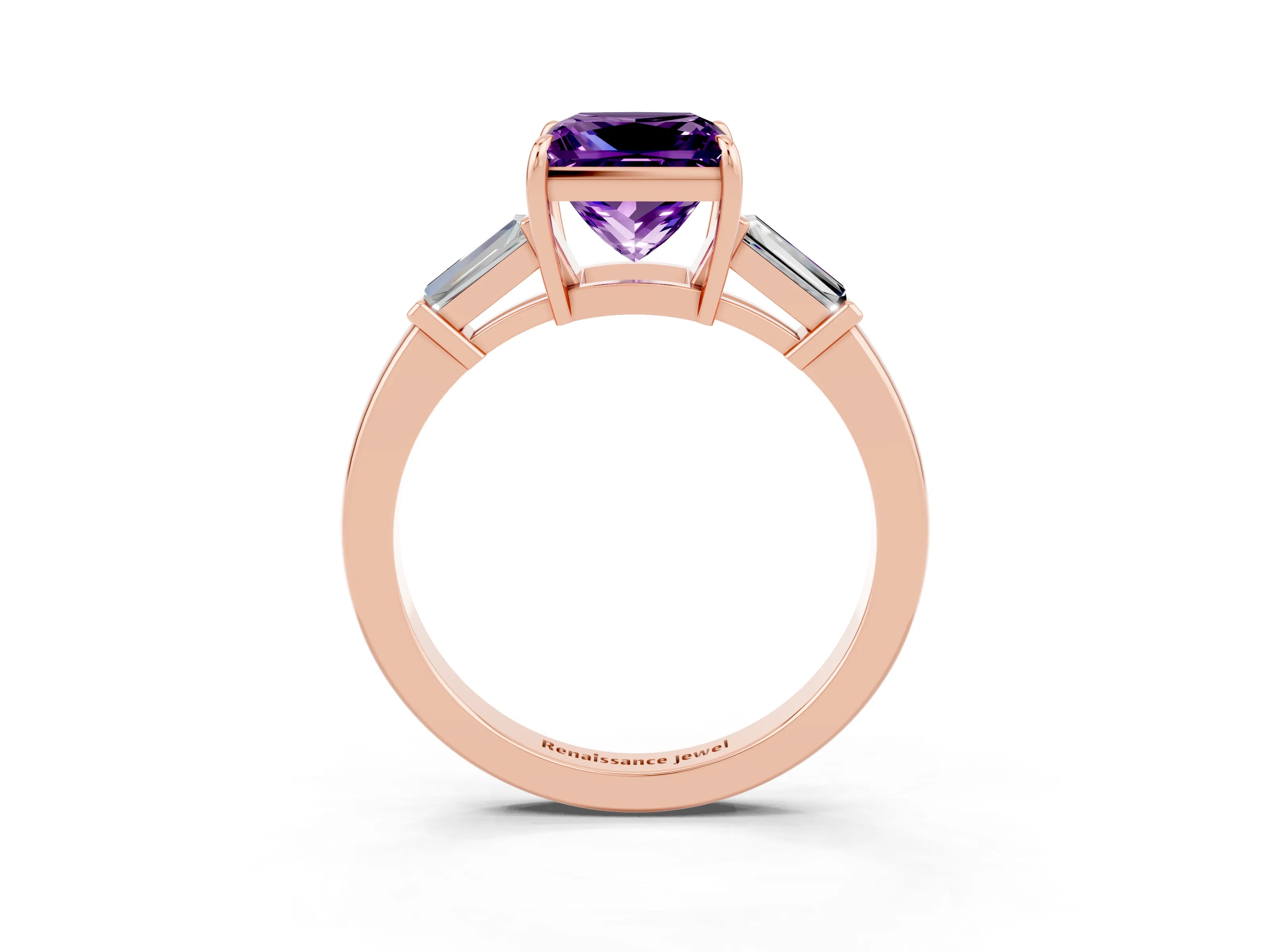 Rose gold Princess Cut Cut Diamond Ring with Tapered Baguette Side Stones in Four-Prong Setting_3