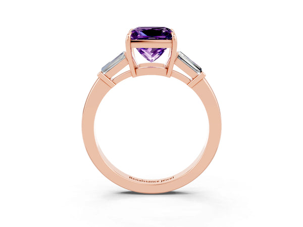 Rose gold Princess Cut Amethyst Three-Stone Ring with Tapered Baguette Side Stones and Prong Setting