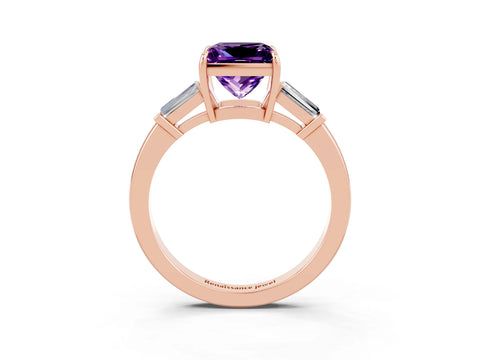 Rose gold Princess Cut Cut Diamond Ring with Tapered Baguette Side Stones in Four-Prong Setting_3