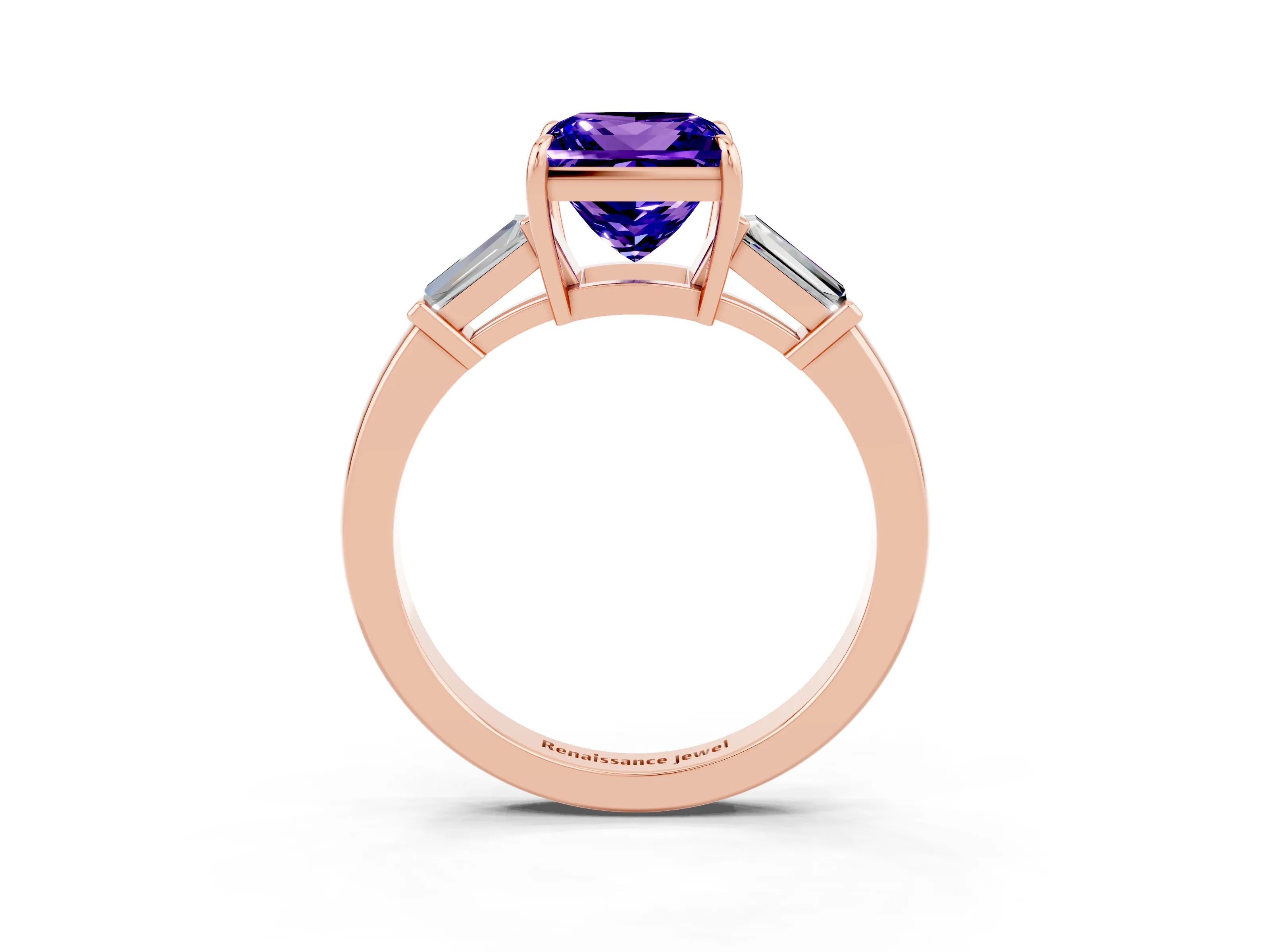 Rose gold Princess Cut Cut Diamond Ring with Tapered Baguette Side Stones in Four-Prong Setting_3