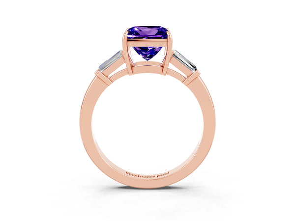 Rose gold Princess Cut Tanzanite Three-Stone Ring with Tapered Baguette Side Stones and Prong Setting