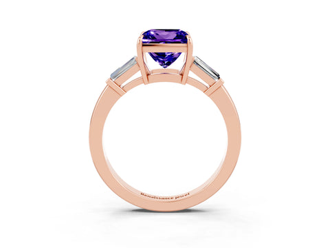 Rose gold Princess Cut Cut Diamond Ring with Tapered Baguette Side Stones in Four-Prong Setting_3