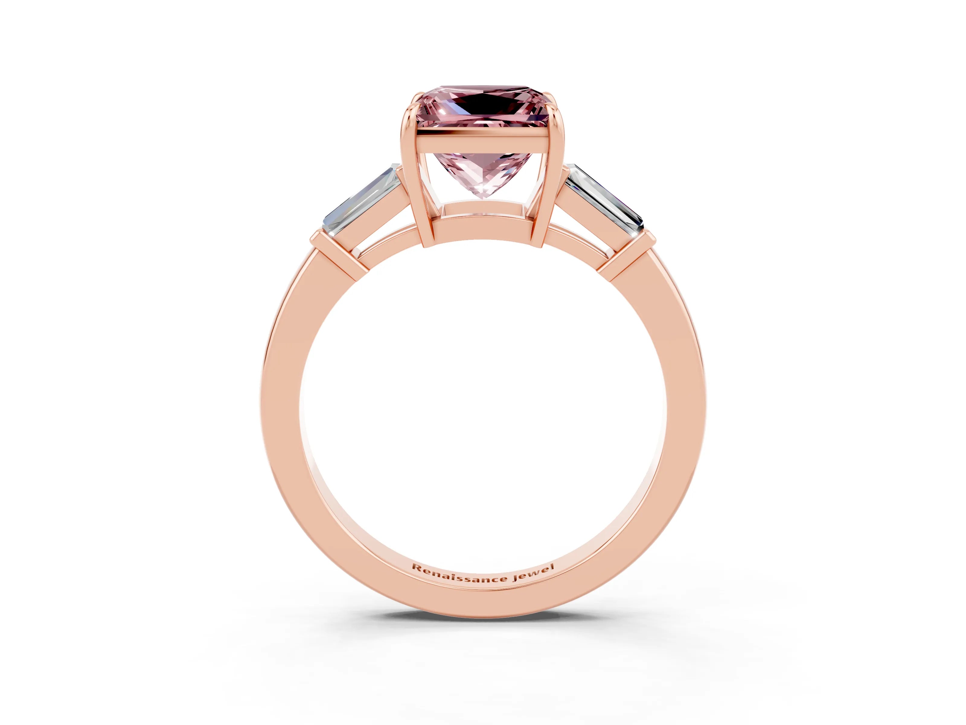 Rose gold Princess Cut Cut Diamond Ring with Tapered Baguette Side Stones in Four-Prong Setting_3