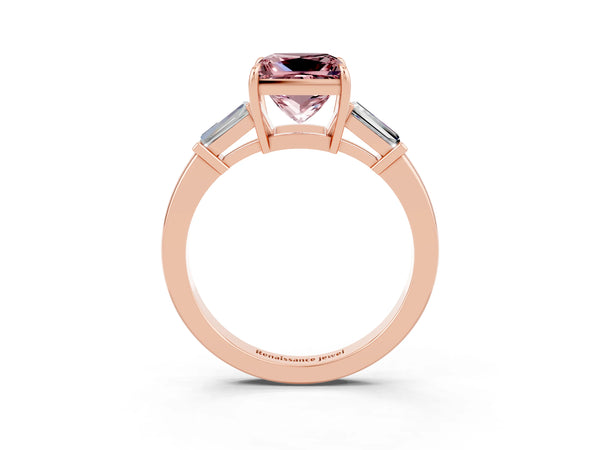 Rose gold Princess Cut Cut Diamond Ring with Tapered Baguette Side Stones in Four-Prong Setting