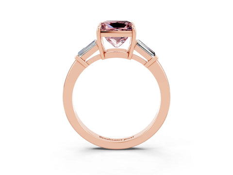 Rose gold Princess Cut Cut Diamond Ring with Tapered Baguette Side Stones in Four-Prong Setting_3