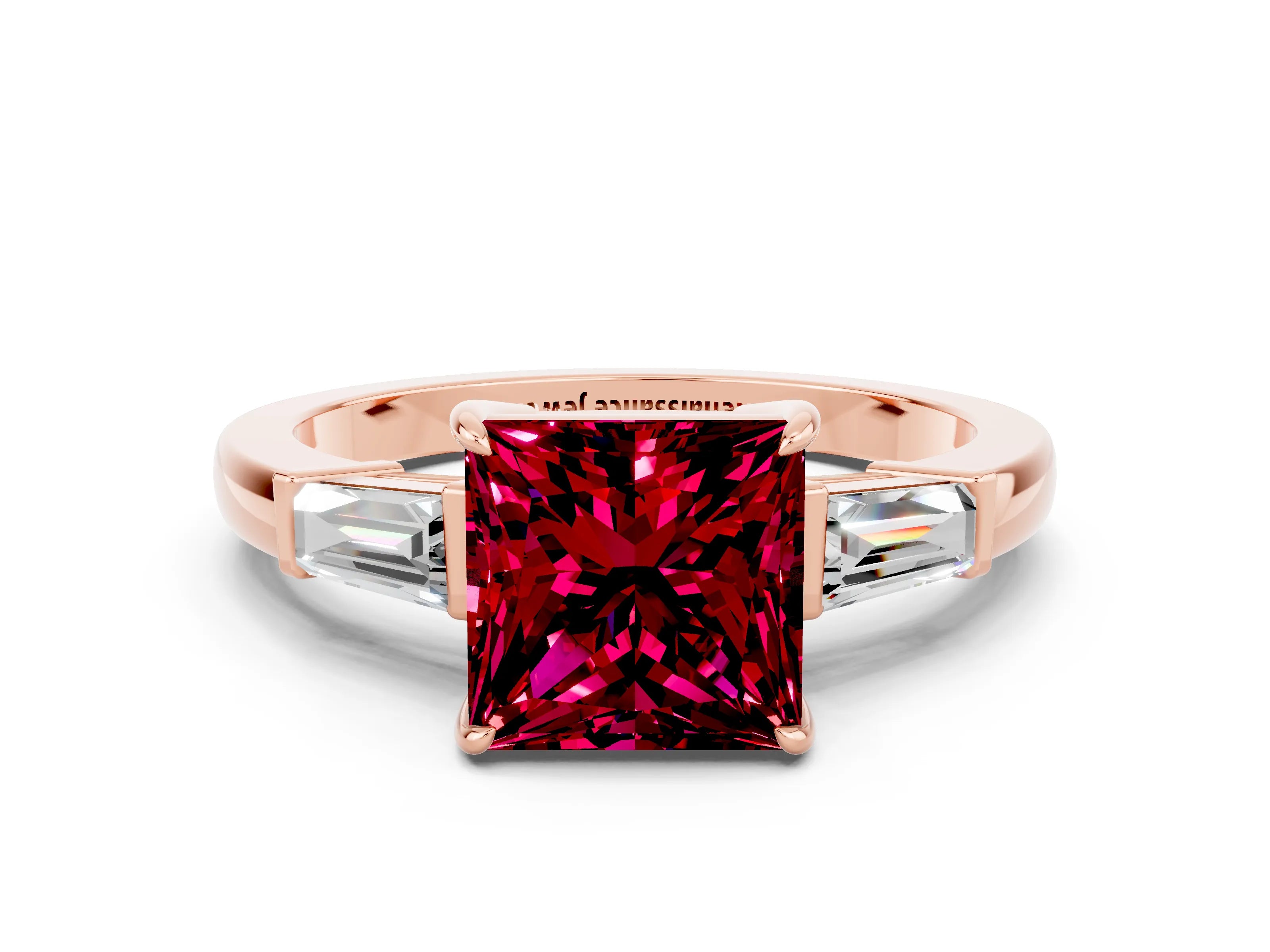 Rose gold Princess Cut Cut Diamond Ring with Tapered Baguette Side Stones in Four-Prong Setting