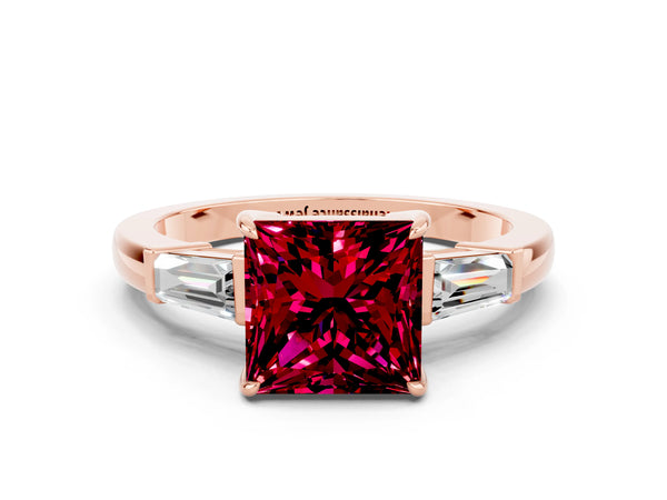 Rose gold Princess Cut Garnet Three-Stone Ring with Tapered Baguette Side Stones and Prong Setting