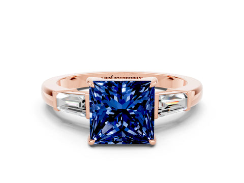 Rose gold Princess Cut Cut Diamond Ring with Tapered Baguette Side Stones in Four-Prong Setting