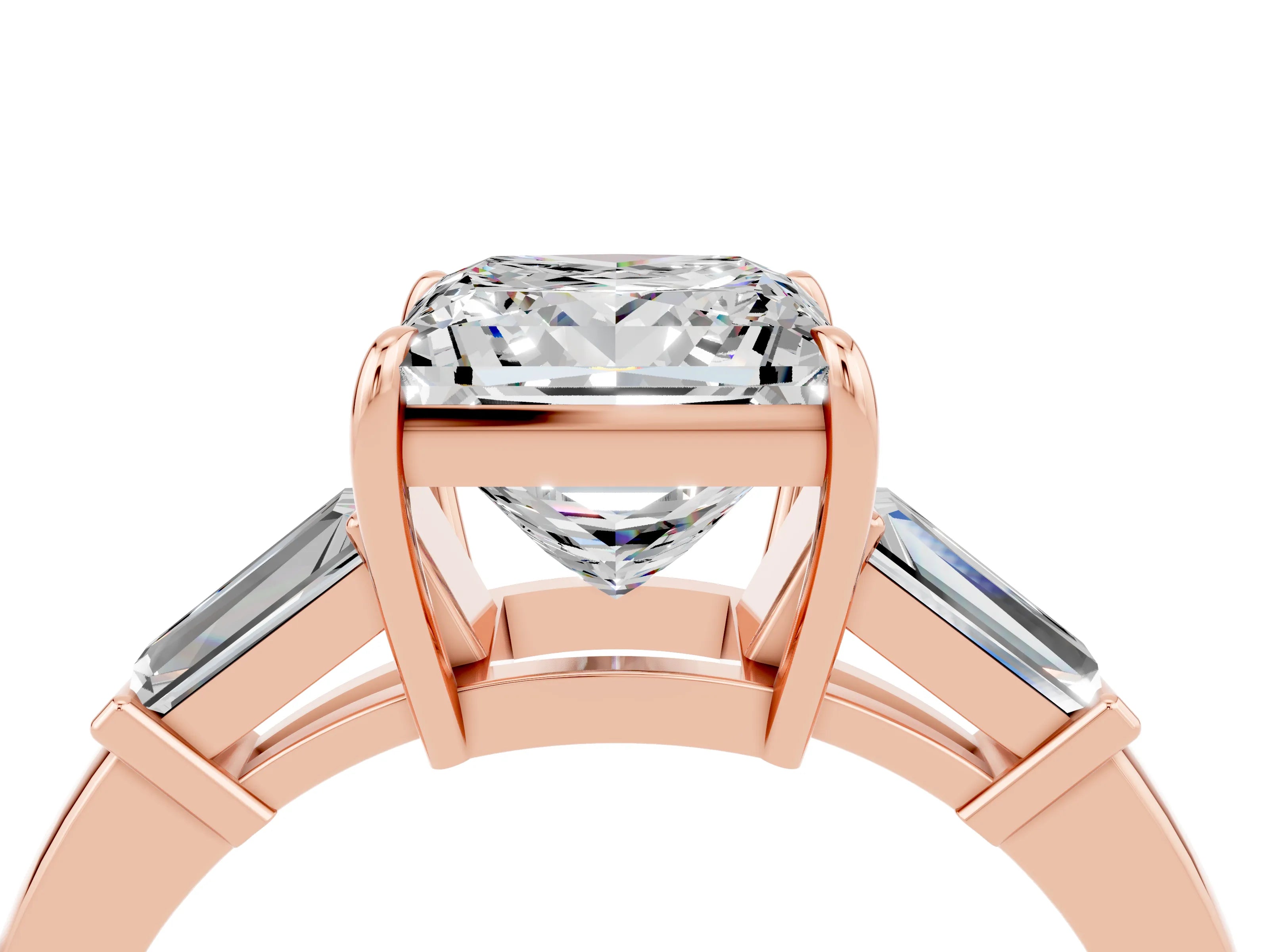 Rose gold Princess Cut Cut Diamond Ring with Tapered Baguette Side Stones in Four-Prong Setting_4